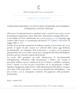 CONSULTA: BASTA PRENOTAZIONE A DEBITO NEL GRATUITO PATROCINIO